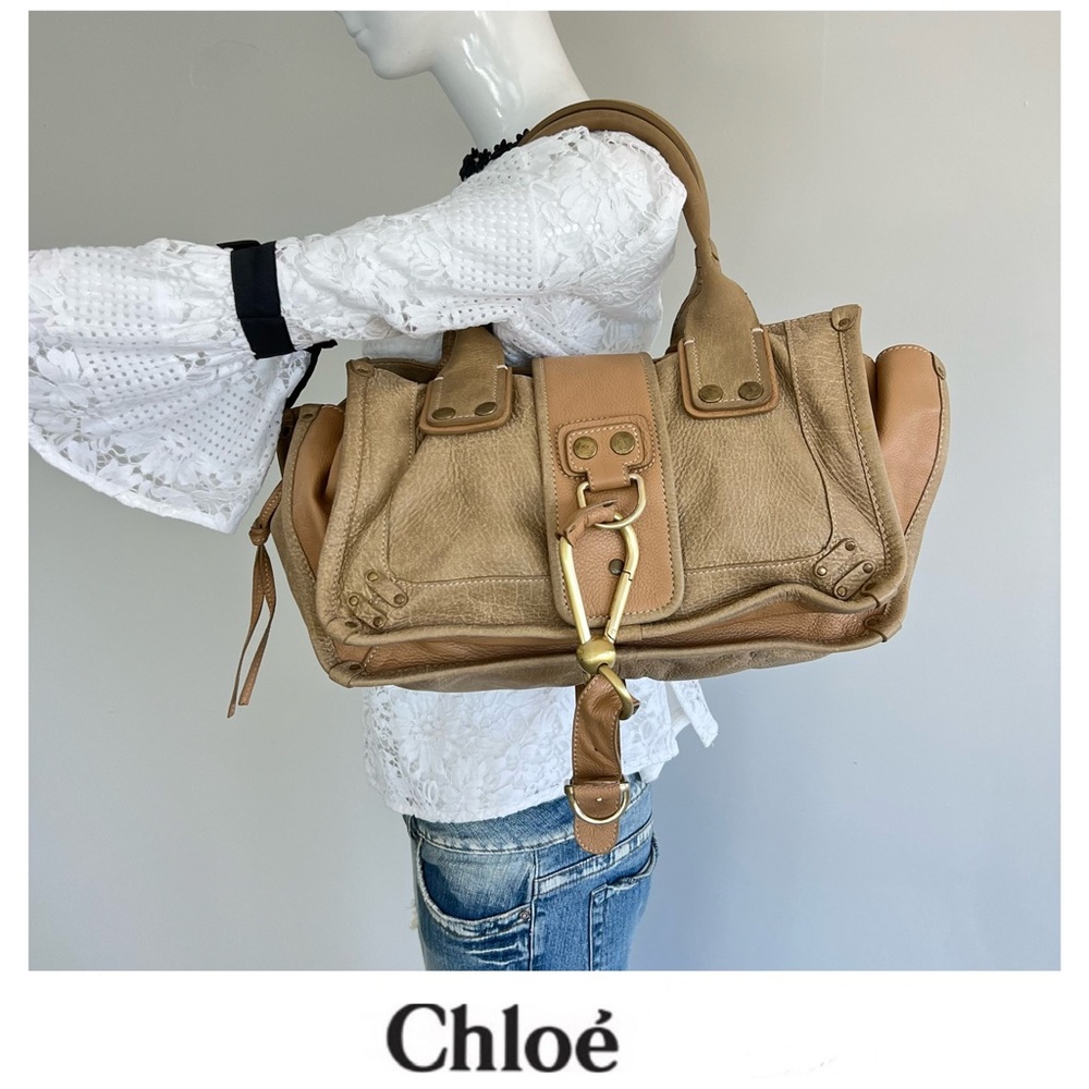 CHLOE Taupe Tan Distressed Leather Adjustable Strap Large Satchel Shoulder Bag